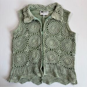 Vintage E Clair Designs Green Crochet Vest Zip Front M USA Made Boho Cottagecore